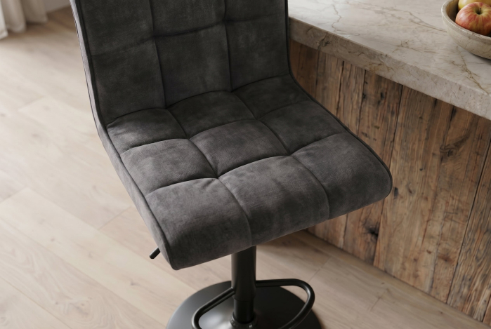 Set două scaune de bar MODENA, înălțime reglabilă între 96 și 116 cm, rotativ la 360°, catifea antracit cu cadru negru [4]