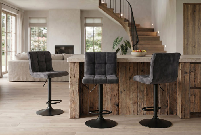 Set două scaune de bar MODENA, înălțime reglabilă între 96 și 116 cm, rotativ la 360°, catifea antracit cu cadru negru [2]
