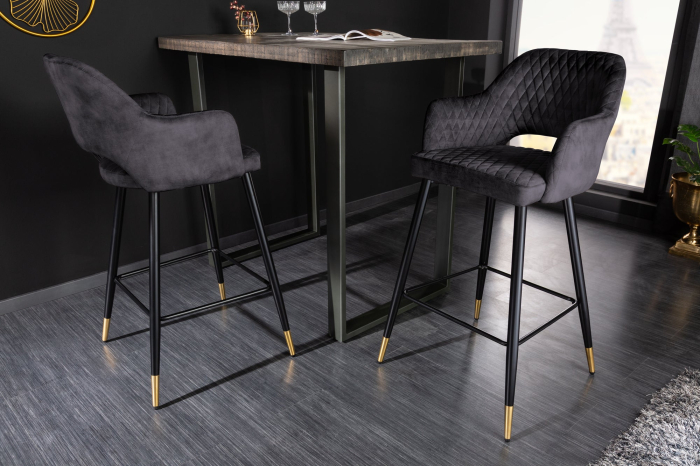 Set două scaune de bar PARIS cu tapițerie decorativă matlasată din catifea antracit [3]