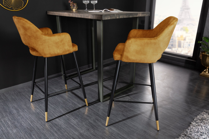Set două scaune de bar PARIS cu tapițerie decorativă matlasată din catifea galben muștar [4]