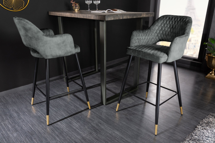Set două scaune de bar PARIS cu tapițerie decorativă matlasată din catifea gri-verde [3]