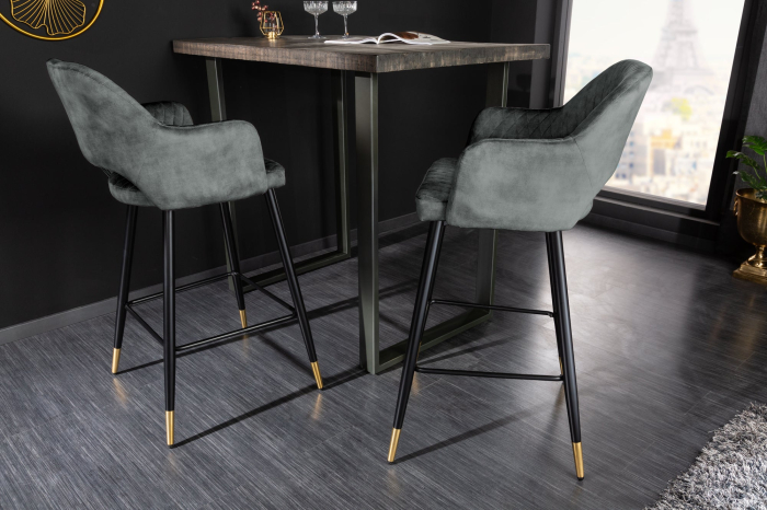 Set două scaune de bar PARIS cu tapițerie decorativă matlasată din catifea gri-verde [4]