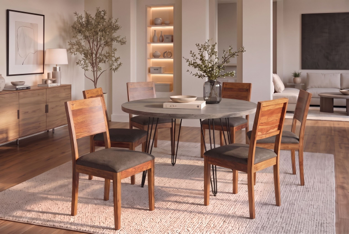 Set două scaune MAKASSAR 80 cm din lemn de sheesham, finisaj maro piatră, țesătură texturată gri [2]