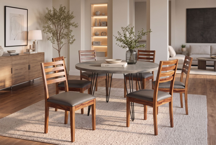 Set două scaune MAKASSAR 90 cm, spătar în formă de scară, lemn de sheesham, finisaj maro piatră, piele artificială gri închis [2]