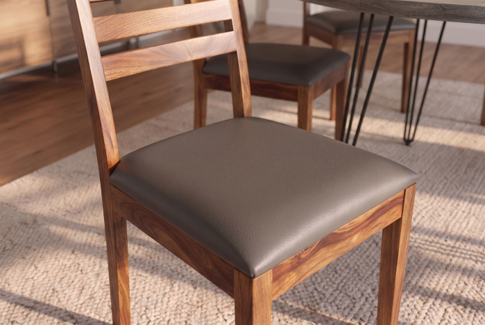 Set două scaune MAKASSAR 90 cm, spătar în formă de scară, lemn de sheesham, finisaj maro piatră, piele artificială gri închis [5]