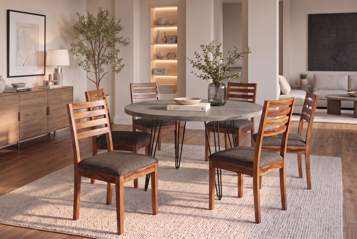 Set două scaune MAKASSAR 90 cm, spătar în formă de scară, lemn de sheesham, finisaj maro piatră, țesătură texturată gri-maro [2]