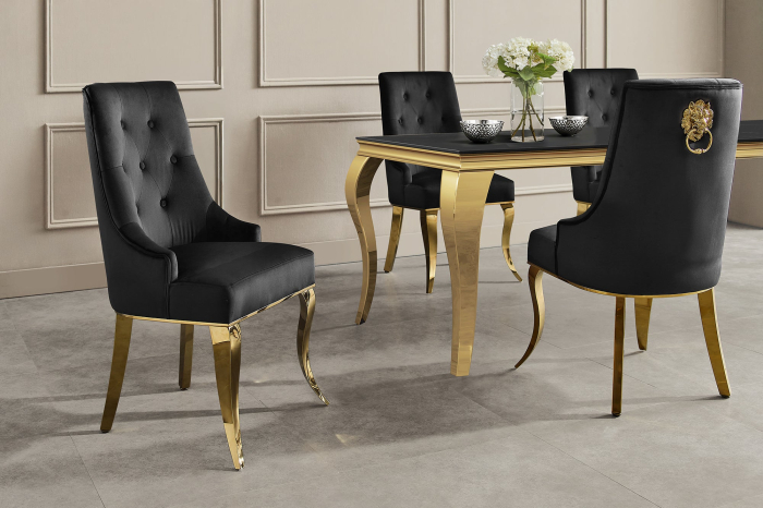 Set două scaune MODERN BAROCK cu mâner în formă de cap de leu, picioare din oțel inoxidabil, catifea aurie și negru [3]