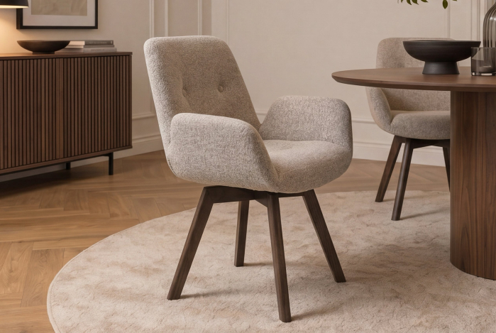 Set două scaune pivotant BALTIC rotativ la 360°, cu cotiere, din tweed bouclé de culoare maro taupe, cu cadru din lemn de stejar [3]