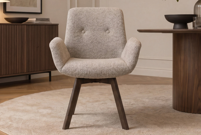 Set două scaune pivotant BALTIC rotativ la 360°, cu cotiere, din tweed bouclé de culoare maro taupe, cu cadru din lemn de stejar [4]