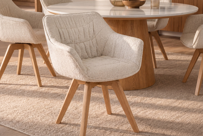 Set două scaune pivotant THE DUTCH COMFORT 180° cu revenire automată, cu cotiere, din tweed bouclé bej deschis, cu cadru din lemn de stejar [3]