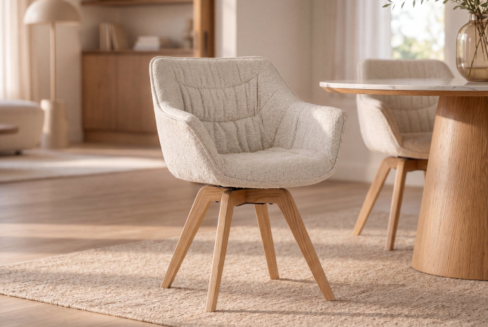 Set două scaune pivotant THE DUTCH COMFORT 180° cu revenire automată, cu cotiere, din tweed bouclé bej deschis, cu cadru din lemn de stejar [4]
