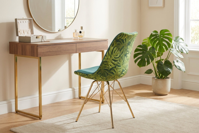 Set patru scaune SCANDINAVIA MEISTERSTÜCK cu imprimeu de frunze de monstera pe spătar, din catifea verde, cu picioare metalice aurii [4]