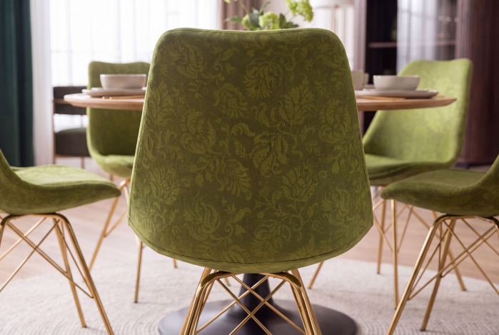 Set patru scaune SCANDINAVIA MEISTERSTÜCK cu model ornamental din chenile verde și picioare metalice aurii [6]