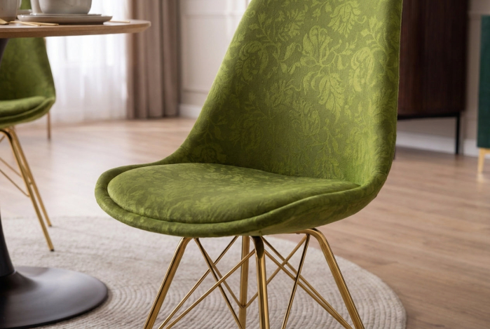 Set patru scaune SCANDINAVIA MEISTERSTÜCK cu model ornamental din chenile verde și picioare metalice aurii [7]