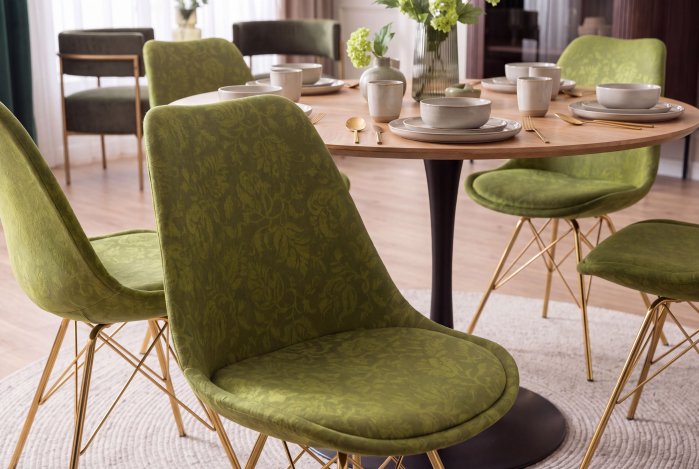 Set patru scaune SCANDINAVIA MEISTERSTÜCK cu model ornamental din chenile verde și picioare metalice aurii [5]