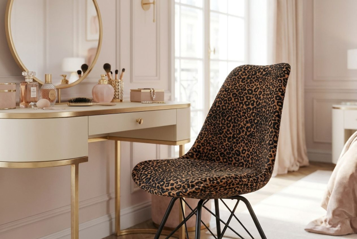 Set patru scaune SCANDINAVIA MEISTERSTÜCK din chenile cu model leopard, maro și negru, cu picioare negre [4]