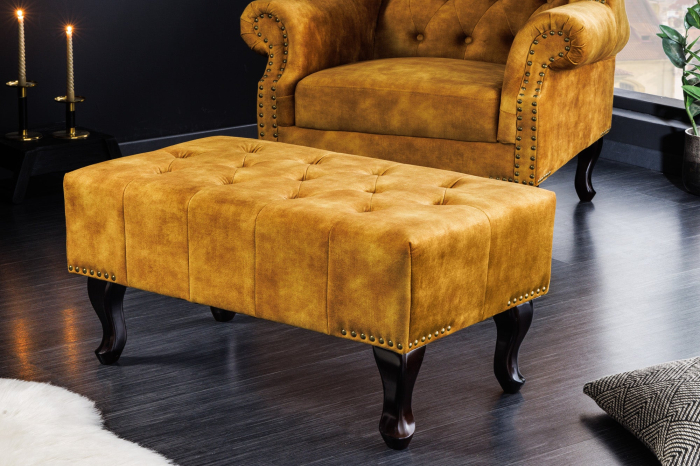 Taburet CHESTERFIELD aspect antic catifea galben muștar [4]