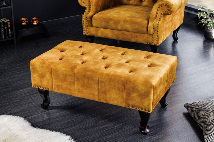 Taburet CHESTERFIELD aspect antic catifea galben muștar [3]