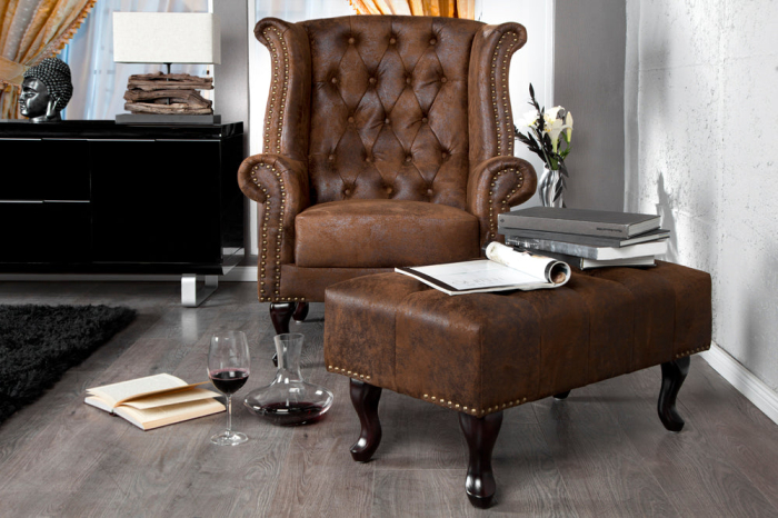 Taburet CHESTERFIELD aspect antic microfibră maro [4]