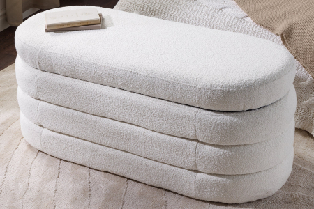 Bancă pentru piept VOQUE 115 cm, alb crem, tapițată cu țesătură bouclé, cu spațiu de depozitare [3]