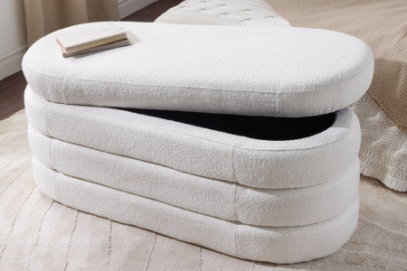 Bancă pentru piept VOQUE 115 cm, alb crem, tapițată cu țesătură bouclé, cu spațiu de depozitare [5]