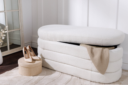 Bancă pentru piept VOQUE 115 cm, alb crem, tapițată cu țesătură bouclé, cu spațiu de depozitare [4]