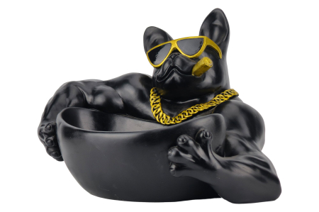 Decorațiuni - Bol decorativ BULLDOG 30 cm, realizat manual, cu tavă de depozitare, negru
