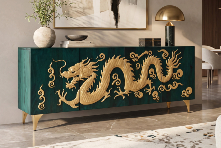 Bufet DRAGON 180 cm, fațadă cu dragon 3D, lemn de mango, turcoaz cu detalii aurii [2]