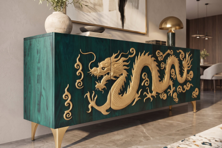 Bufet DRAGON 180 cm, fațadă cu dragon 3D, lemn de mango, turcoaz cu detalii aurii [6]