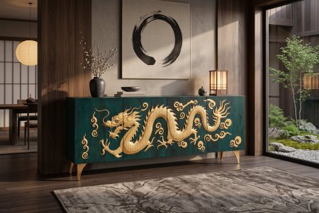 Bufet DRAGON 180 cm, fațadă cu dragon 3D, lemn de mango, turcoaz cu detalii aurii [14]