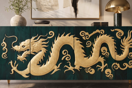 Bufet DRAGON 180 cm, fațadă cu dragon 3D, lemn de mango, turcoaz cu detalii aurii [10]