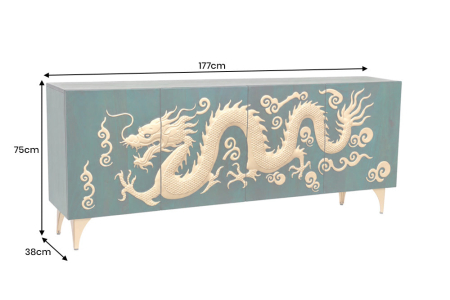 Bufet DRAGON 180 cm, fațadă cu dragon 3D, lemn de mango, turcoaz cu detalii aurii [16]