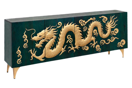 Bufete & baruri - Bufet DRAGON 180 cm, fațadă cu dragon 3D, lemn de mango, turcoaz cu detalii aurii