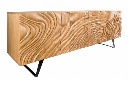 Bufete & baruri - Bufet FLUID 175 cm, fațadă cu textură 3D din lemn de mango de culoare crem, cu cadru metalic negru