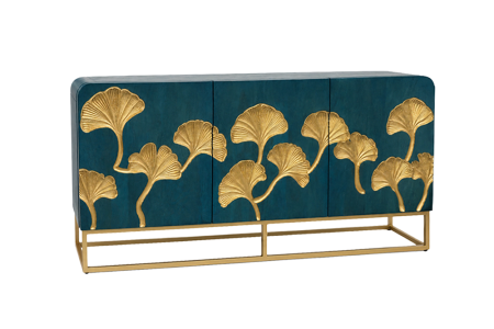 Dining - Bufet GINKGO 160 cm, fațadă cu frunze de ginkgo, lemn de mango, turcoaz cu cadru metalic auriu