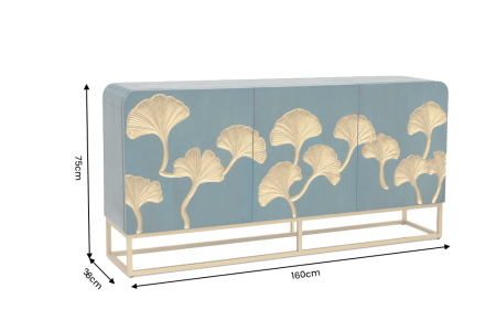 Bufet GINKGO 160 cm, fațadă cu frunze de ginkgo, lemn de mango, turcoaz cu cadru metalic auriu [12]