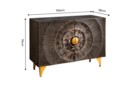 Bufet GOLDEN SUNSET 100 cm, model 3D cu raze de soare, lemn de mango negru cu detalii metalice aurii [11]