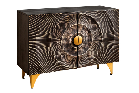 Bufete & baruri - Bufet GOLDEN SUNSET 100 cm, model 3D cu raze de soare, lemn de mango negru cu detalii metalice aurii