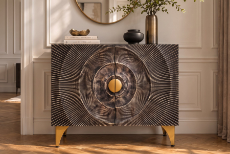 Bufet GOLDEN SUNSET 100 cm, model 3D cu raze de soare, lemn de mango negru cu detalii metalice aurii [4]