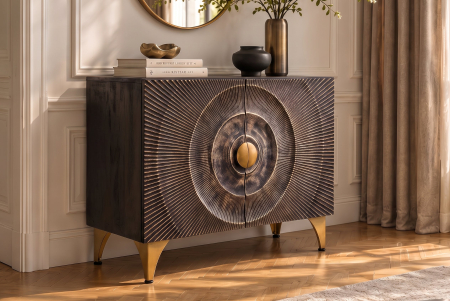 Bufet GOLDEN SUNSET 100 cm, model 3D cu raze de soare, lemn de mango negru cu detalii metalice aurii [2]