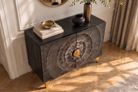 Bufet GOLDEN SUNSET 100 cm, model 3D cu raze de soare, lemn de mango negru cu detalii metalice aurii [6]