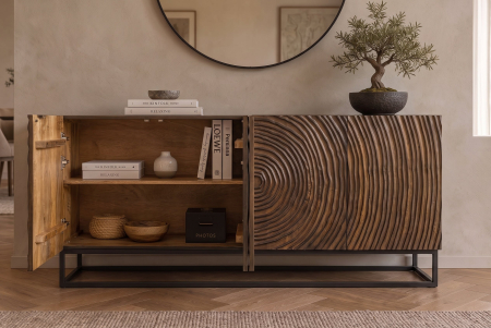 Bufet ZEN CIRCLE 160 cm, cu model circular 3D, din lemn de mango maro închis, cu cadru metalic negru [9]