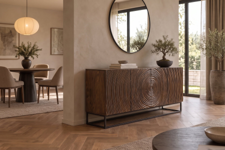 Bufet ZEN CIRCLE 160 cm, cu model circular 3D, din lemn de mango maro închis, cu cadru metalic negru [4]