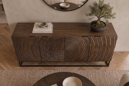 Bufet ZEN CIRCLE 160 cm, cu model circular 3D, din lemn de mango maro închis, cu cadru metalic negru [7]