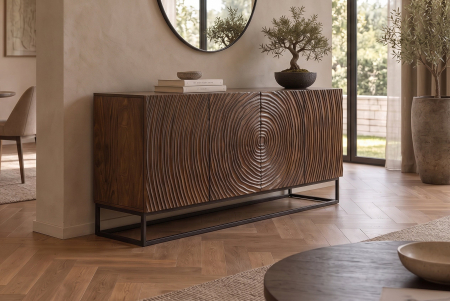 Bufet ZEN CIRCLE 160 cm, cu model circular 3D, din lemn de mango maro închis, cu cadru metalic negru [3]