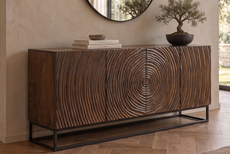 Bufet ZEN CIRCLE 160 cm, cu model circular 3D, din lemn de mango maro închis, cu cadru metalic negru [2]
