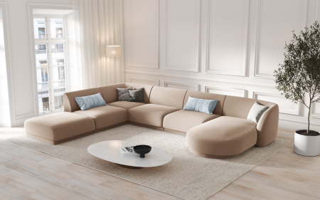 Coltar modular Miley in forma de U cu tapiterie din catifea si colt pe partea stanga, cappuccino [4]