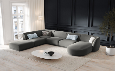 Coltar modular Miley in forma de U cu tapiterie din catifea si colt pe partea stanga, gri deschis [2]