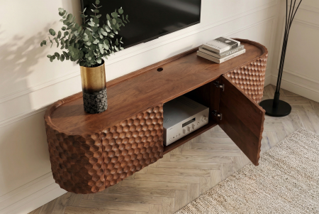 Comada TV ADLON 160 cm cu sistem de organizare a cablurilor, suspendată, 3D, din lemn masiv de mango [6]