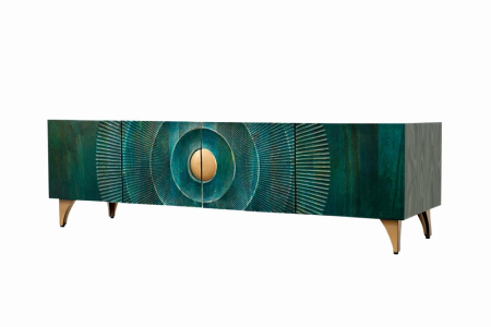 Comoda TV GOLDEN SUNSET 180 cm 3D din lemn de mango, turcoaz